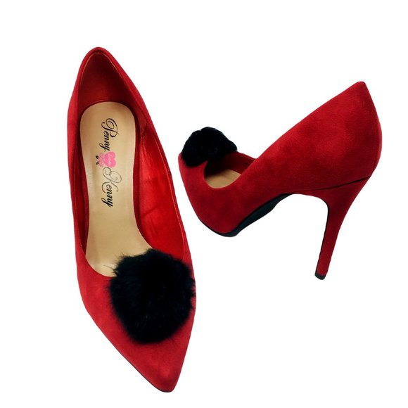 Penny Loves Kenny Manner Vegan Suede Pom Pointed Toe Pump Heels Red 11 Wide - Picture 4 of 8